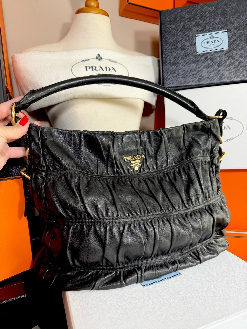 Prada 🌟 Black Runched Leather Shoulder Bag with Gold ! Offers always welcome! - Picture 2 of 16